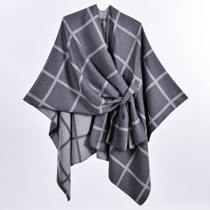 Grey Elegant Check Knit Travel Shawl with Stylish Side-Slit Design - Fall & Winter Luxurious Cashmere-Feel V888-ELOSUNG49123