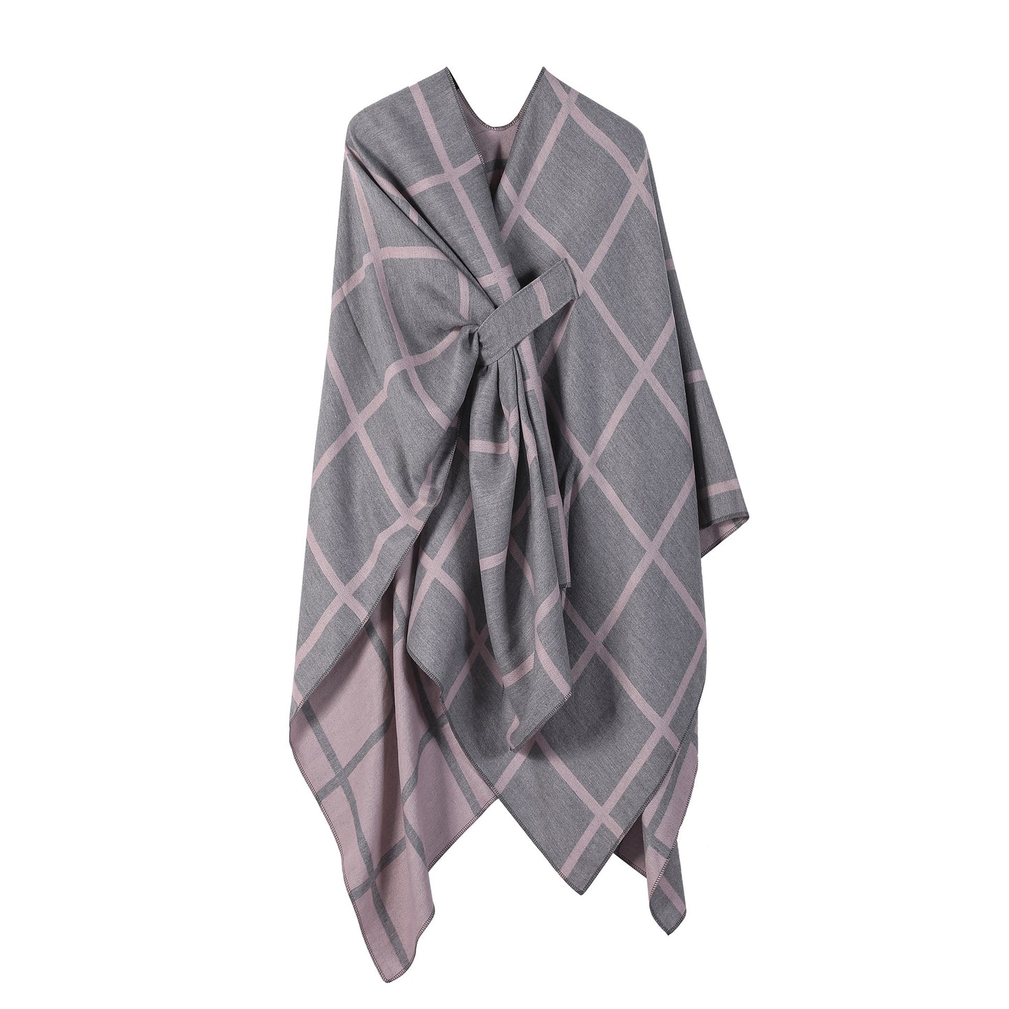 Grey and Pink Elegant Check Knit Travel Shawl with Stylish Side-Slit Design - Fall & Winter Luxurious V888-ELOSUNG49124