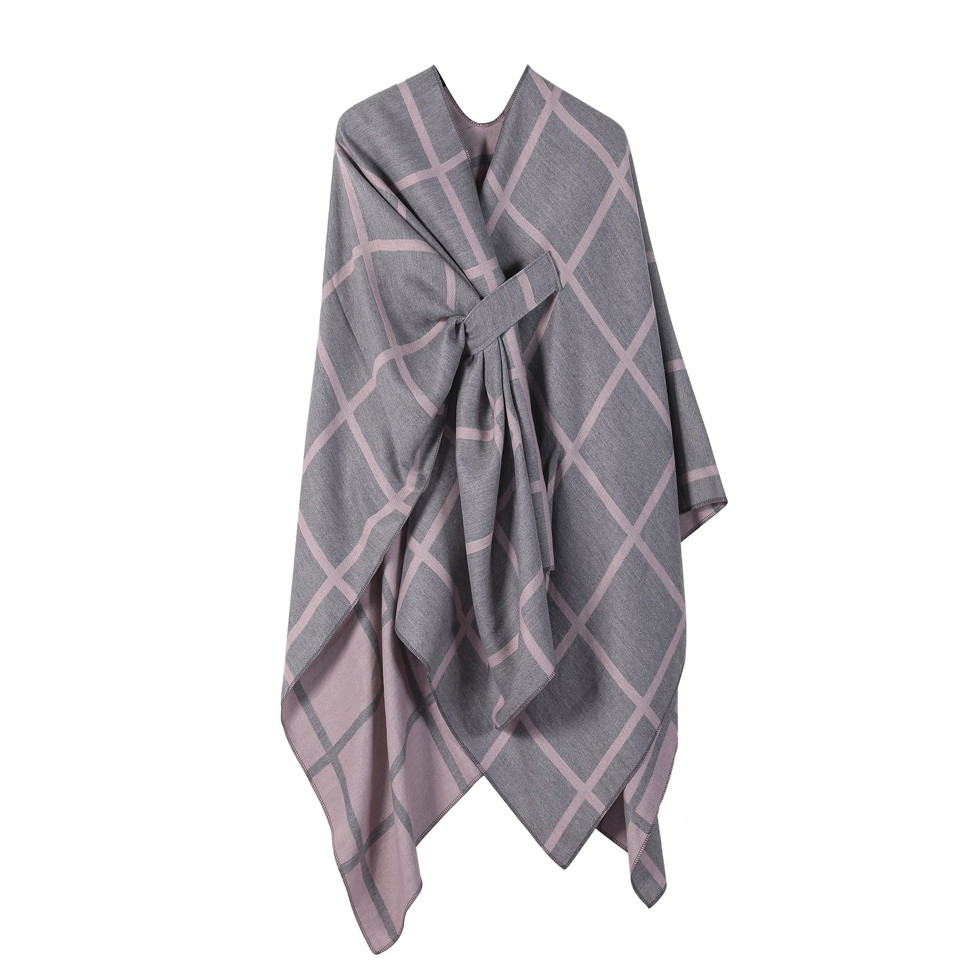 Grey and Pink Elegant Check Knit Travel Shawl with Stylish Side-Slit Design - Fall & Winter Luxurious V888-ELOSUNG49124