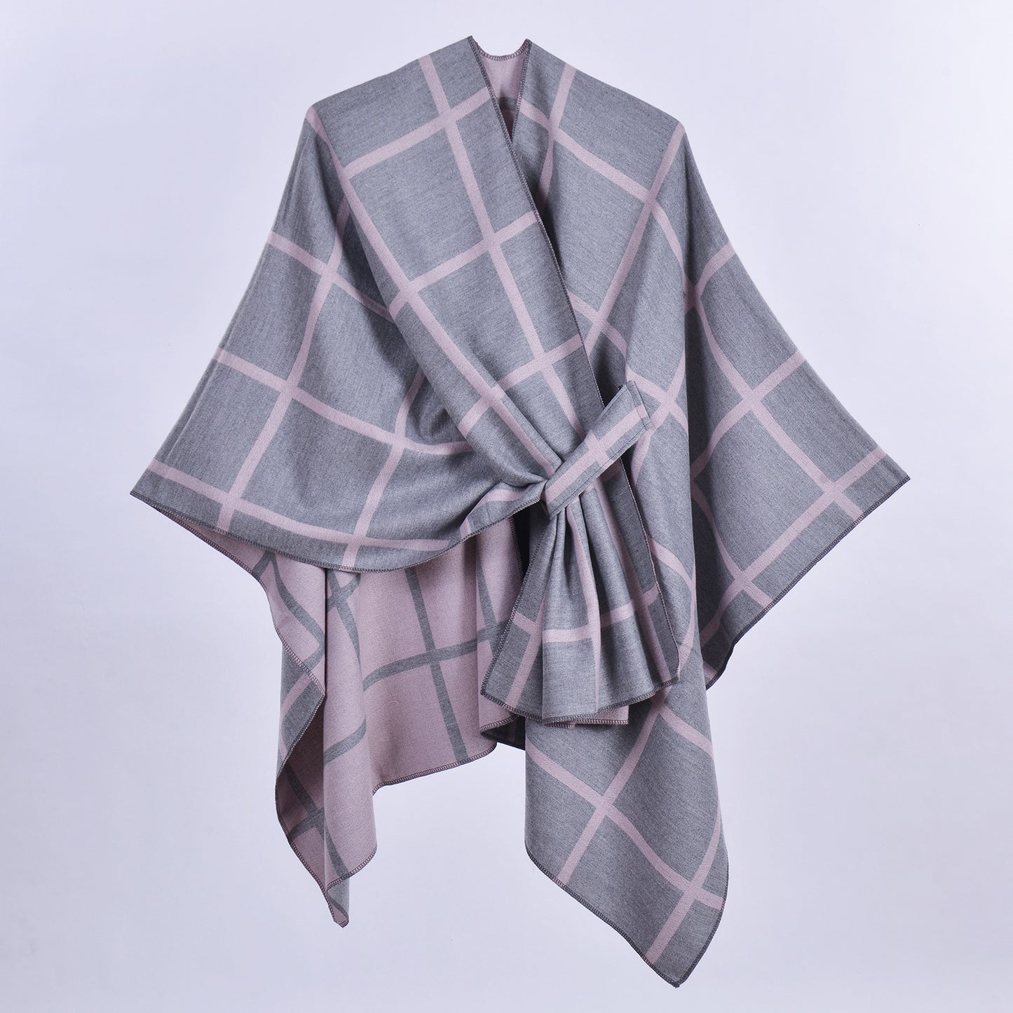 Grey and Pink Elegant Check Knit Travel Shawl with Stylish Side-Slit Design - Fall & Winter Luxurious V888-ELOSUNG49124