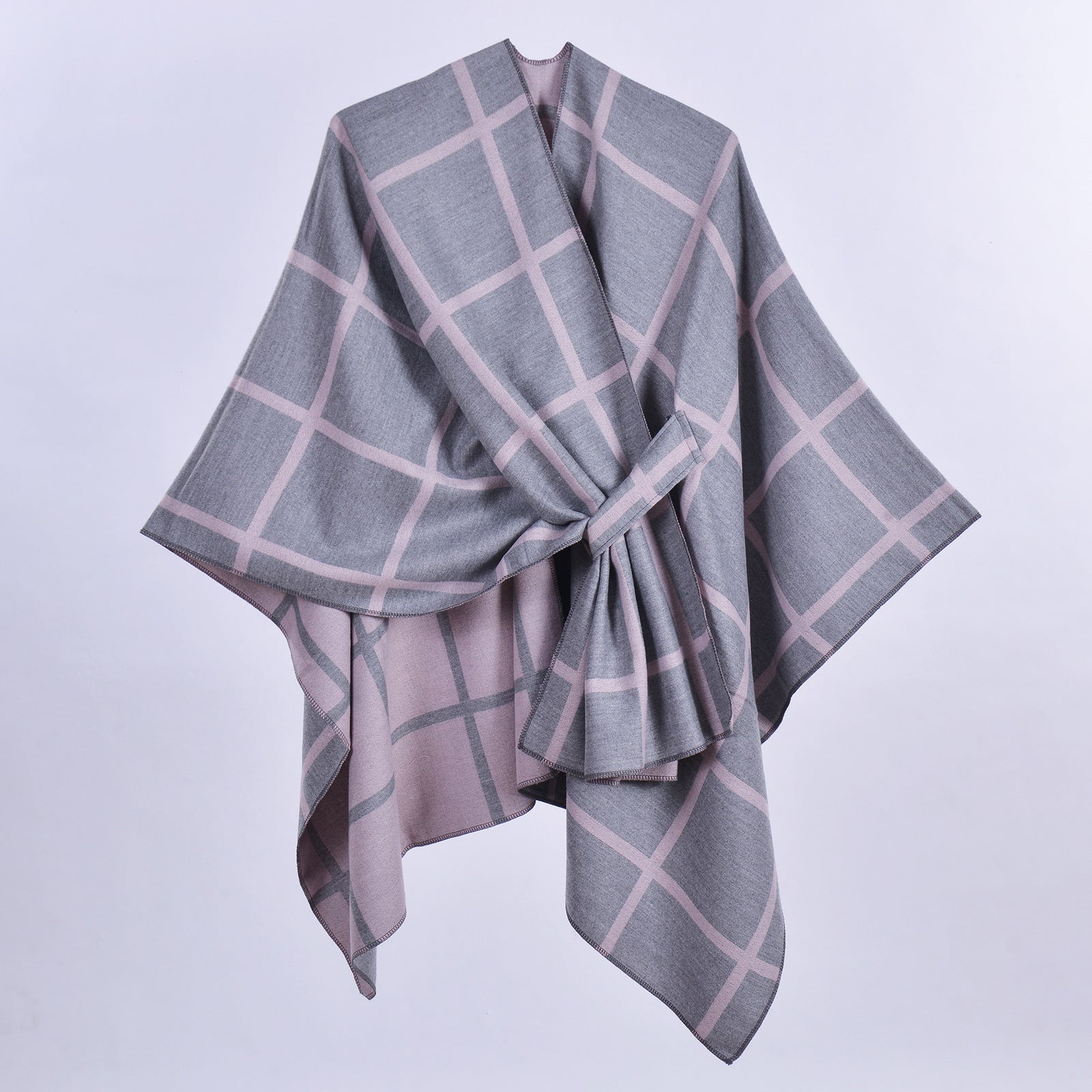 Grey and Pink Elegant Check Knit Travel Shawl with Stylish Side-Slit Design - Fall & Winter Luxurious V888-ELOSUNG49124