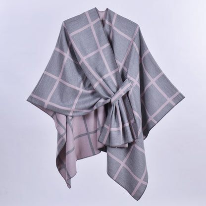 Grey and Pink Elegant Check Knit Travel Shawl with Stylish Side-Slit Design - Fall & Winter Luxurious V888-ELOSUNG49124