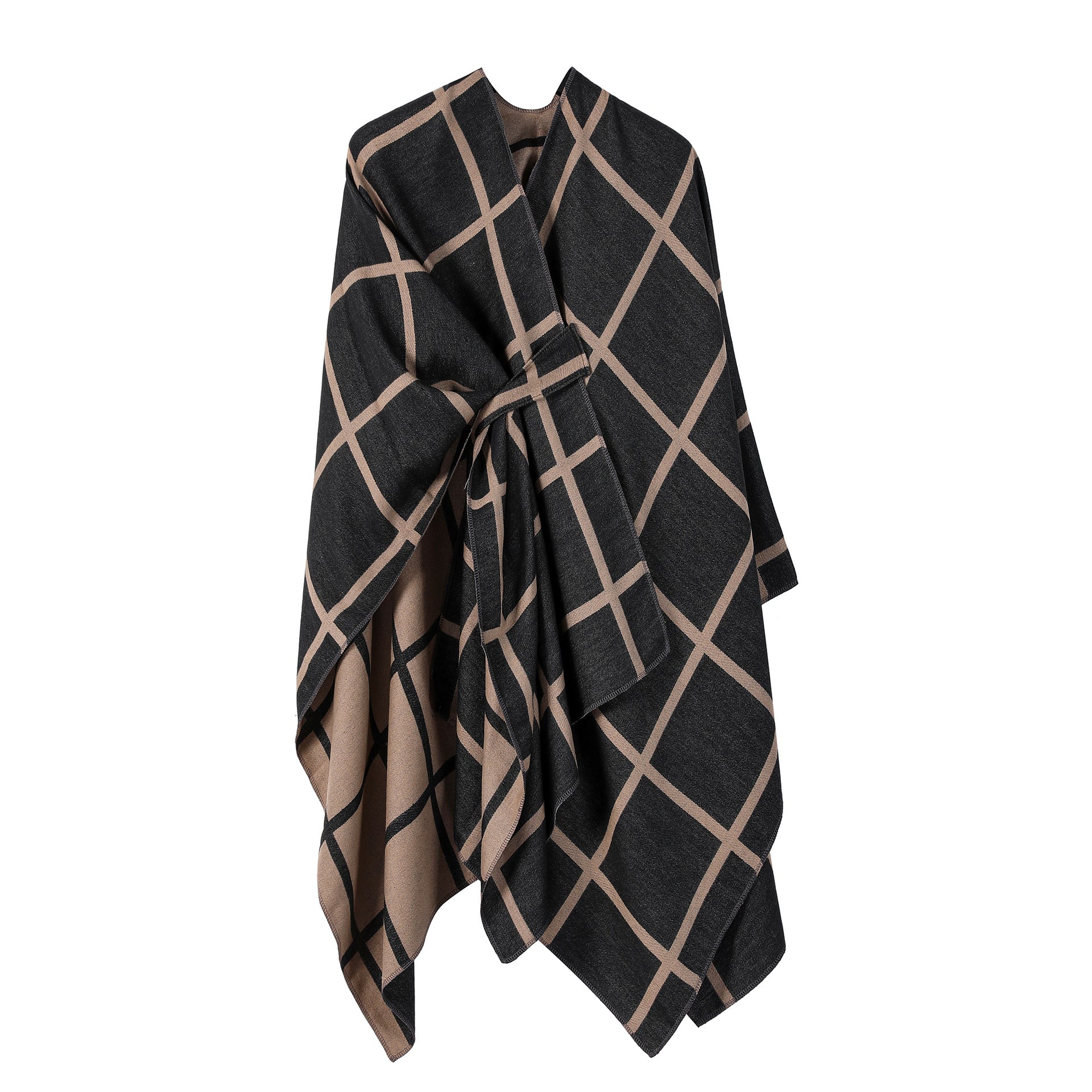 Black and Brown Elegant Check Knit Travel Shawl with Stylish Side-Slit Design - Fall & Winter Luxurious V888-ELOSUNG49125