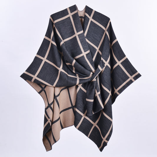 Black and Brown Elegant Check Knit Travel Shawl with Stylish Side-Slit Design - Fall & Winter Luxurious V888-ELOSUNG49125