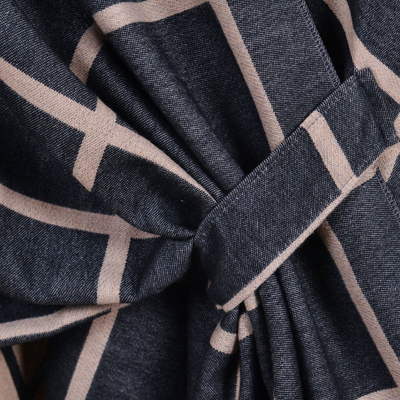 Black and Brown Elegant Check Knit Travel Shawl with Stylish Side-Slit Design - Fall & Winter Luxurious V888-ELOSUNG49125