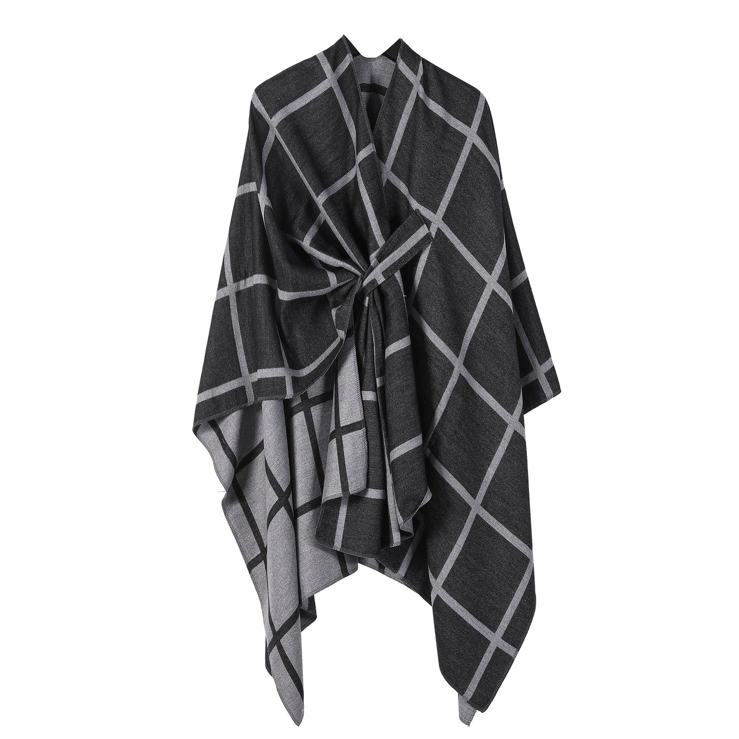 Black and Grey Elegant Check Knit Travel Shawl with Stylish Side-Slit Design - Fall & Winter Luxurious V888-ELOSUNG49126