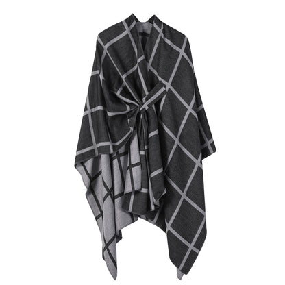 Black and Grey Elegant Check Knit Travel Shawl with Stylish Side-Slit Design - Fall & Winter Luxurious V888-ELOSUNG49126