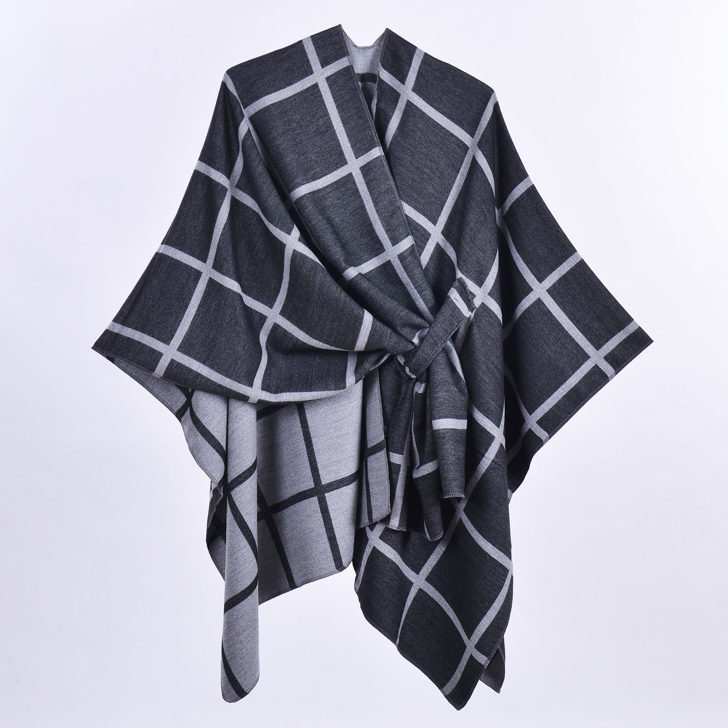 Black and Grey Elegant Check Knit Travel Shawl with Stylish Side-Slit Design - Fall & Winter Luxurious V888-ELOSUNG49126