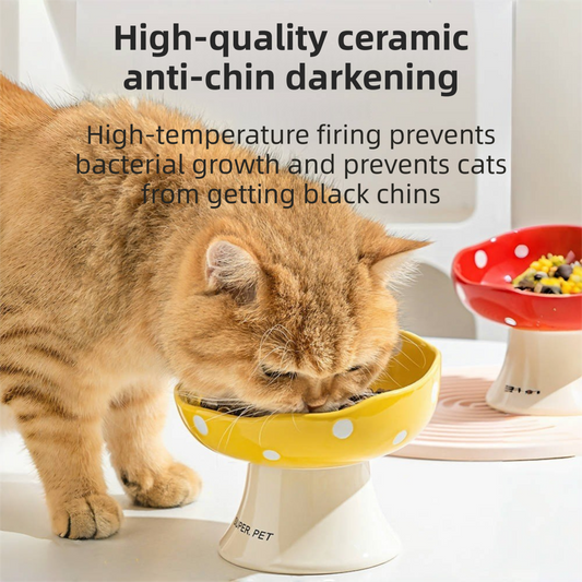 Black Elevated 15 degrees Tilted Ceramic Cat Bowl - Anti-Chin Acne Glaze Finish, Non-Slip Weighted Base & V888-ELOSUNG49135