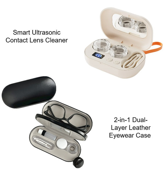 Premium Eye Care Travel Set: 2-in-1 Black Dual-Layer Leather Eyewear Case and Smart Ultrasonic Contact Lens V888-ELOSUNG49142