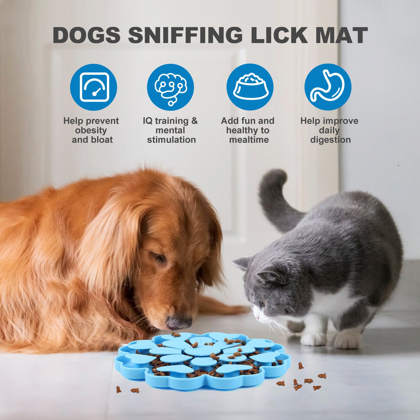 Blue 4-in-1 Textured Silicone Pet Lick Mat & Slow Feeder - Anti-Anxiety Calming Pad with Back Suction Cups V888-ELOSUNG49153