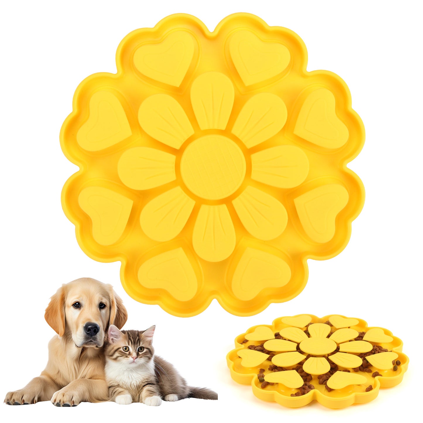 Yellow 4-in-1 Textured Silicone Pet Lick Mat & Slow Feeder - Anti-Anxiety Calming Pad with Back Suction Cups V888-ELOSUNG49154