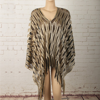 Gold Boho Hollow-Out Wave Poncho Shawl with Tassel Hem - Elegant Dual-Tone Color Block Oversized Wrap for V888-ELOSUNG49155