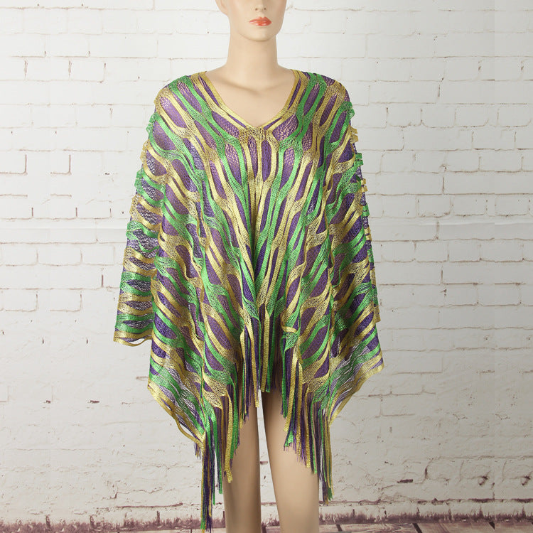 Green Boho Hollow-Out Wave Poncho Shawl with Tassel Hem - Elegant Dual-Tone Color Block Oversized Wrap for V888-ELOSUNG49156