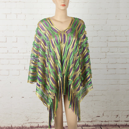 Green Boho Hollow-Out Wave Poncho Shawl with Tassel Hem - Elegant Dual-Tone Color Block Oversized Wrap for V888-ELOSUNG49156