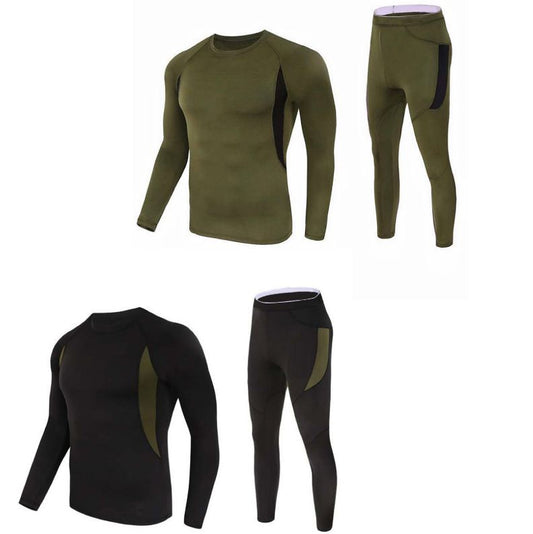 2-Pack L Size Men's Tactical 4-Way Stretch Fleece Lined Thermal Underwear Set(Black + Green) - Winter V888-ELOSUNG49193