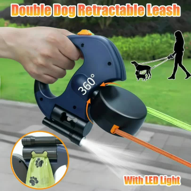 Red One-to-Two Retractable Dog Leash with One-Click Safety Lock & Night Light - 3M Tangle-Free 360 degrees V888-ELOSUNG49224