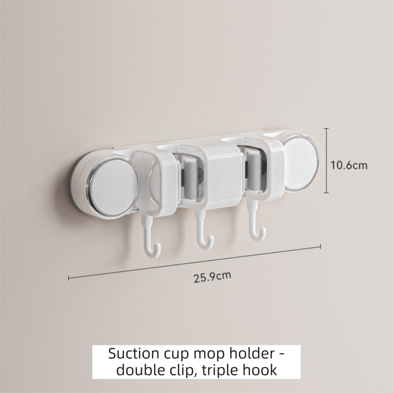 White Vacuum Suction Cup Mop & Broom Holder with 2 Roller Clips + 3 Hooks - Heavy Duty Waterproof Rack for V888-ELOSUNG49229
