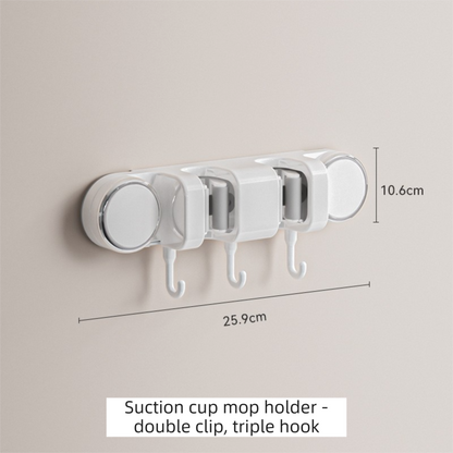 White Vacuum Suction Cup Mop & Broom Holder with 2 Roller Clips + 3 Hooks - Heavy Duty Waterproof Rack for V888-ELOSUNG49229