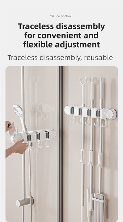 White Vacuum Suction Cup Mop & Broom Holder with 2 Roller Clips + 3 Hooks - Heavy Duty Waterproof Rack for V888-ELOSUNG49229