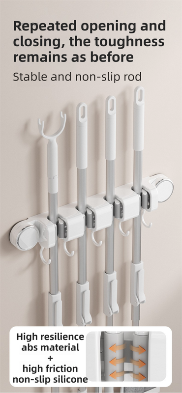 White Vacuum Suction Cup Mop & Broom Holder with 2 Roller Clips + 3 Hooks - Heavy Duty Waterproof Rack for V888-ELOSUNG49229