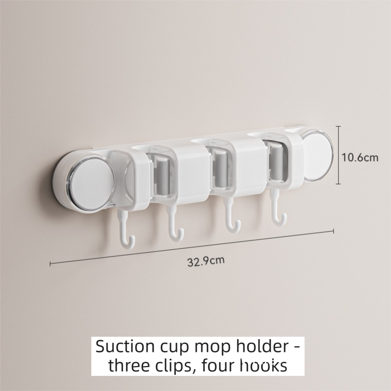 White Vacuum Suction Cup Mop & Broom Holder with 3 Roller Clips + 4 Hooks - Heavy Duty Waterproof Rack for V888-ELOSUNG49230