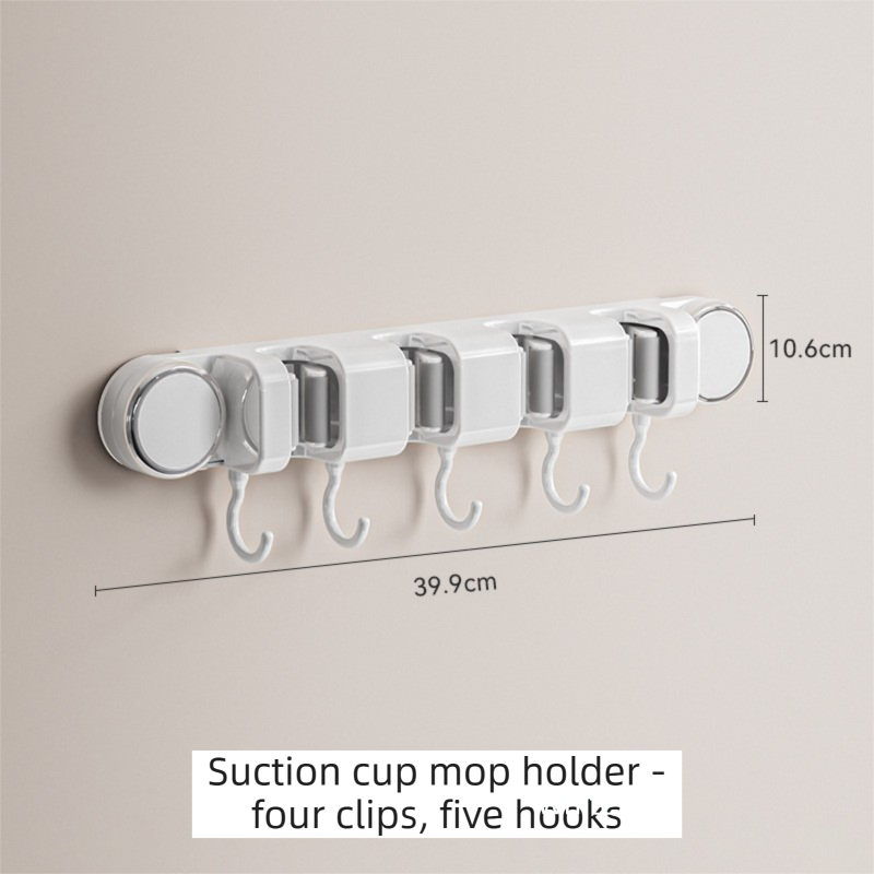 White Vacuum Suction Cup Mop & Broom Holder with 4 Roller Clips + 5 Hooks - Heavy Duty Waterproof Rack for V888-ELOSUNG49231