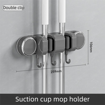 Grey Vacuum Suction Cup Mop & Broom Holder with 2 Roller Clips + 3 Hooks - Heavy Duty Waterproof Rack for V888-ELOSUNG49232