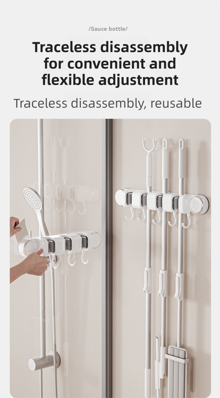 Grey Vacuum Suction Cup Mop & Broom Holder with 2 Roller Clips + 3 Hooks - Heavy Duty Waterproof Rack for V888-ELOSUNG49232