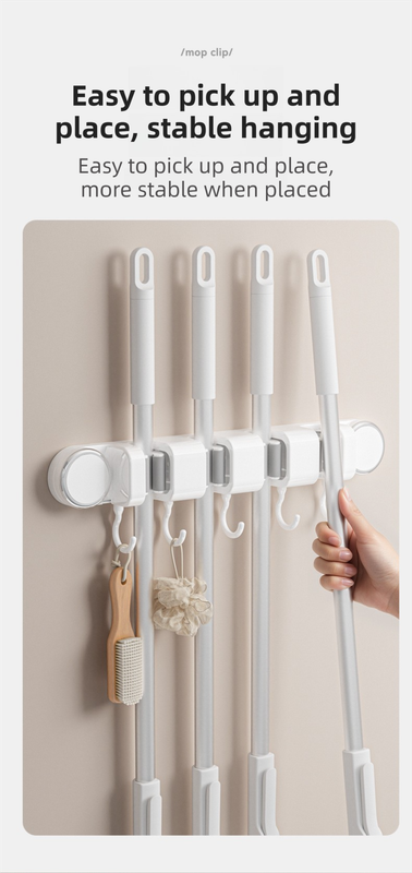 Grey Vacuum Suction Cup Mop & Broom Holder with 2 Roller Clips + 3 Hooks - Heavy Duty Waterproof Rack for V888-ELOSUNG49232