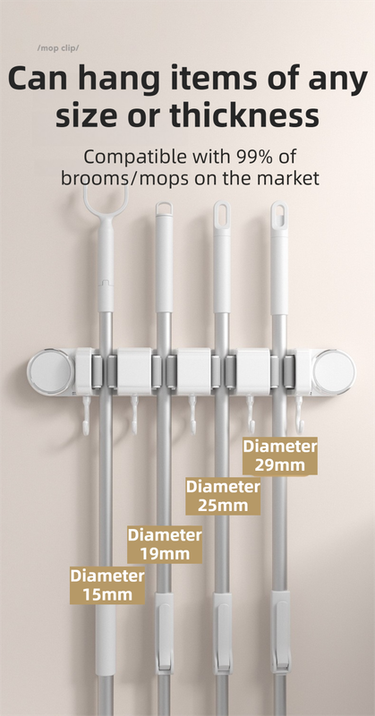 Grey Vacuum Suction Cup Mop & Broom Holder with 2 Roller Clips + 3 Hooks - Heavy Duty Waterproof Rack for V888-ELOSUNG49232