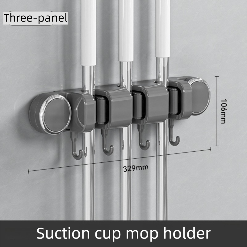 Grey Vacuum Suction Cup Mop & Broom Holder with 3 Roller Clips + 4 Hooks - Heavy Duty Waterproof Rack for V888-ELOSUNG49233