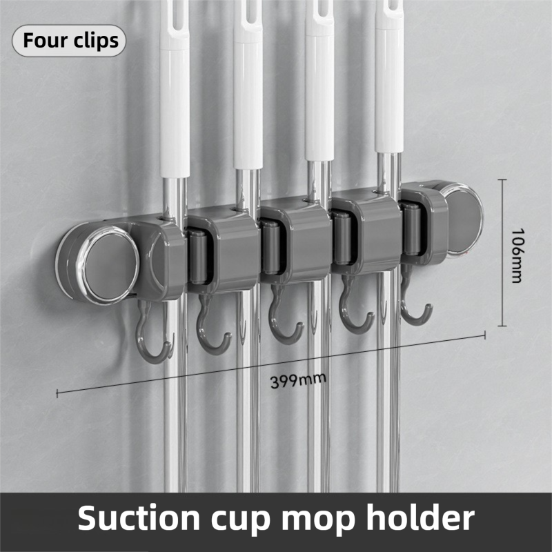 Grey Vacuum Suction Cup Mop & Broom Holder with 4 Roller Clips + 5 Hooks - Heavy Duty Waterproof Rack for V888-ELOSUNG49234