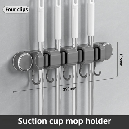Grey Vacuum Suction Cup Mop & Broom Holder with 4 Roller Clips + 5 Hooks - Heavy Duty Waterproof Rack for V888-ELOSUNG49234