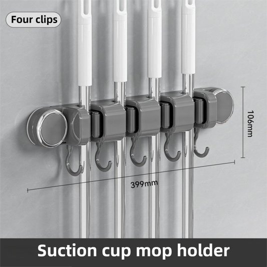 Grey Vacuum Suction Cup Mop & Broom Holder with 4 Roller Clips + 5 Hooks - Heavy Duty Waterproof Rack for V888-ELOSUNG49234