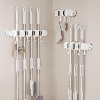 White Vacuum Suction Cup Mop & Broom Storage Rack Combination(3-Size: 2 Clips + 3 Clips + 4 Clips) - Heavy V888-ELOSUNG49235