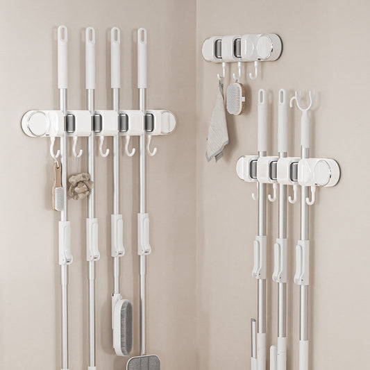 White Vacuum Suction Cup Mop & Broom Storage Rack Combination(3-Size: 2 Clips + 3 Clips + 4 Clips) - Heavy V888-ELOSUNG49235