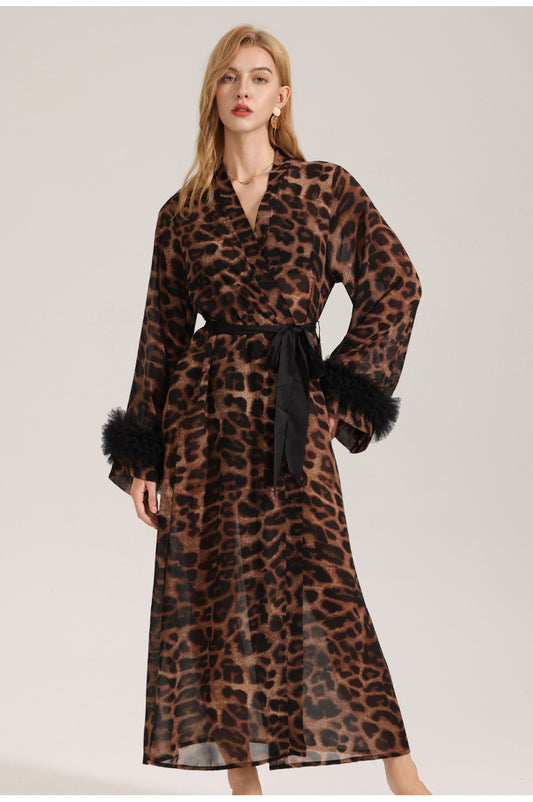 Women's Sexy Leopard Long Sleeve Print Satin Robe - Breathable Luxury Satin Chiffon Housecoat & Long Elegant V888-ELOSUNG49236