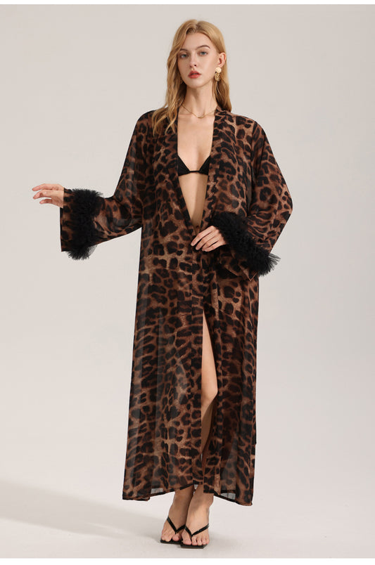 Women's Sexy Leopard Long Sleeve Print Satin Robe - Breathable Luxury Satin Chiffon Housecoat & Long Elegant V888-ELOSUNG49236