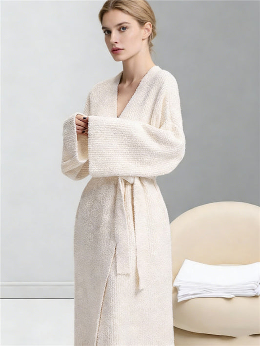 Beige Women's Ultra-Soft Plush V-Neck Cardigan Robe - Extra Thick Half-Velvet Warm Housecoat & Outdoor V888-ELOSUNG49238