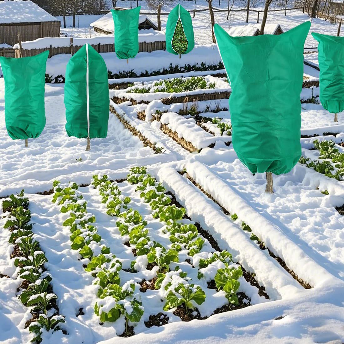 4-Pack Winter Plant Cold Protection Covers with Zipper & Drawstring - Thickened Frost Thermal Blankets and UV V888-ELOSUNG49259