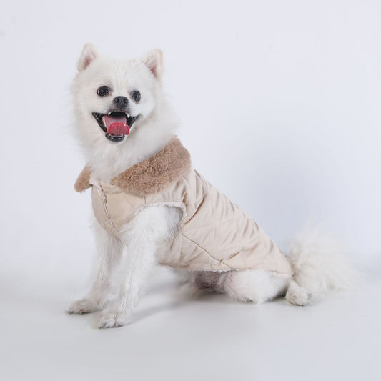 M Size Beige Winter Padded Cotton Dog Thermal Plaid Vest with Faux Fur Collar - Thick Fleece-Lined Warm Pet V888-ELOSUNG49274