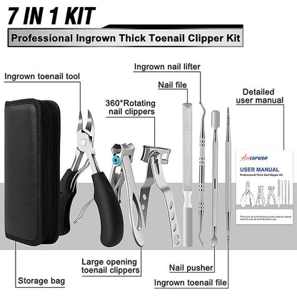 7-Piece Professional Ingrown Toenail Tool Kit - Stainless Steel Precision Pedicure Set with Black Eagle-Nose V888-ELOSUNG49315