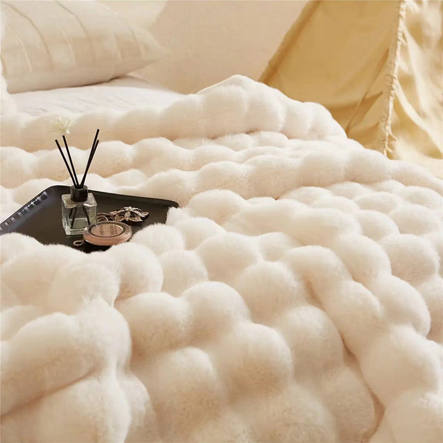 White Luxury Tuscany Fleece Rabbit Fur Bubble Blanket (140 x 200 CM) - Double-Sided Thickened Soft Plush V888-ELOSUNG49318