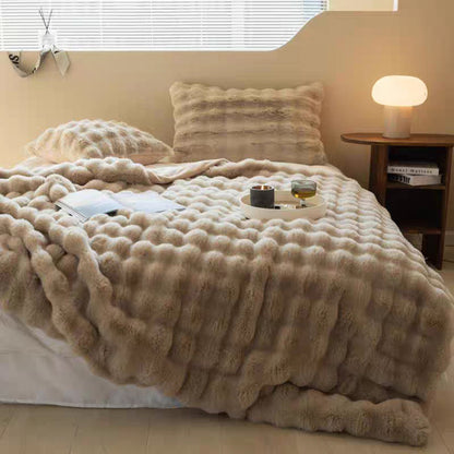 Brown Luxury Tuscany Fleece Rabbit Fur Bubble Blanket (140 x 200 CM) - Double-Sided Thickened Soft Plush V888-ELOSUNG49324