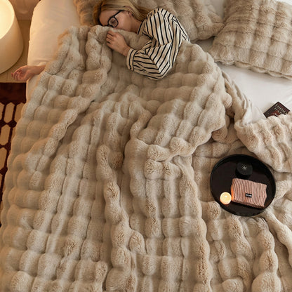 Brown Luxury Tuscany Fleece Rabbit Fur Bubble Blanket (140 x 200 CM) - Double-Sided Thickened Soft Plush V888-ELOSUNG49324
