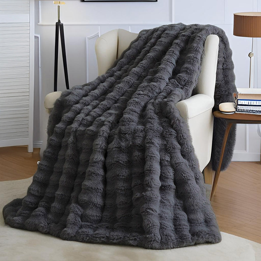 Black Grey Luxury Tuscany Fleece Rabbit Fur Bubble Blanket (140 x 200 CM) - Double-Sided Thickened Soft Plush V888-ELOSUNG49330