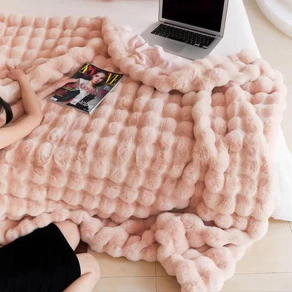 Pink Luxury Tuscany Fleece Rabbit Fur Bubble Blanket (140 x 200 CM) - Double-Sided Thickened Soft Plush V888-ELOSUNG49342