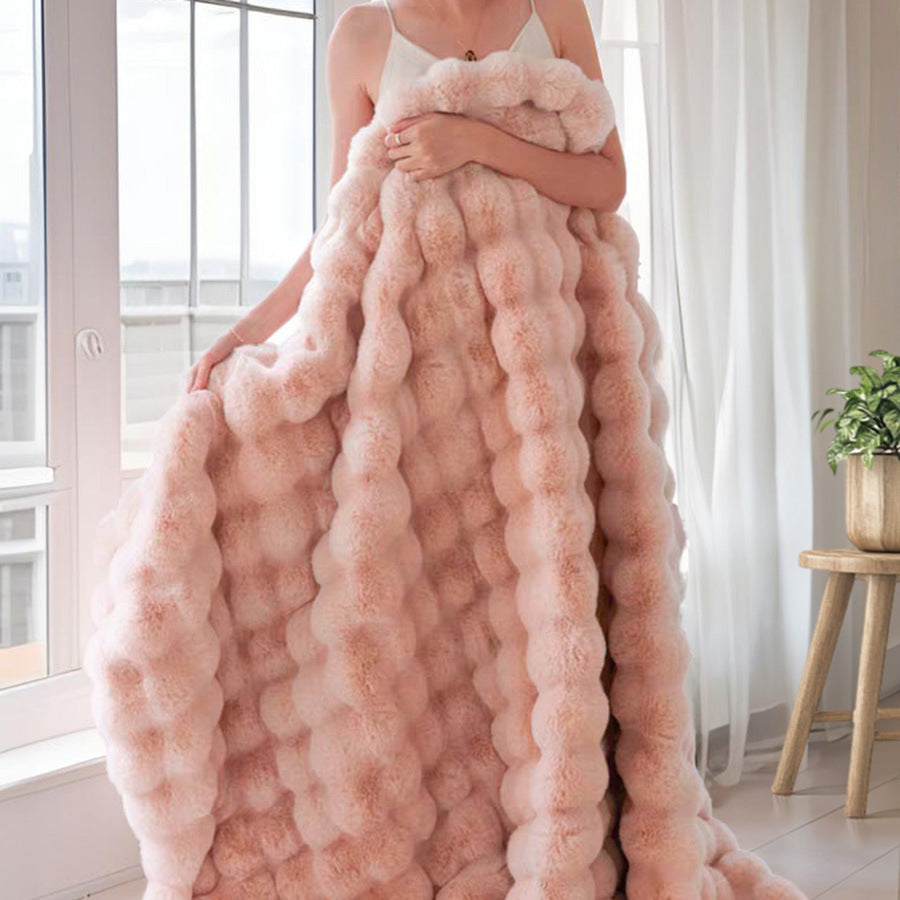 Pink Luxury Tuscany Fleece Rabbit Fur Bubble Blanket (140 x 200 CM) - Double-Sided Thickened Soft Plush V888-ELOSUNG49342