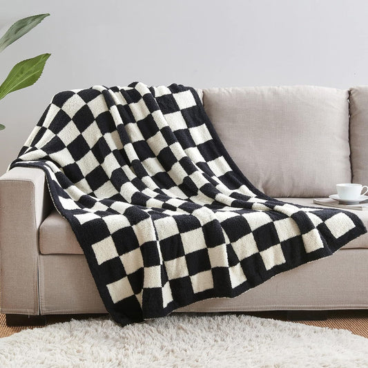 Black and White Premium Knitted Checkerboard Throw Blanket(130 x 150 CM) - Soft Half-Velvet Fleece Nap V888-ELOSUNG49380